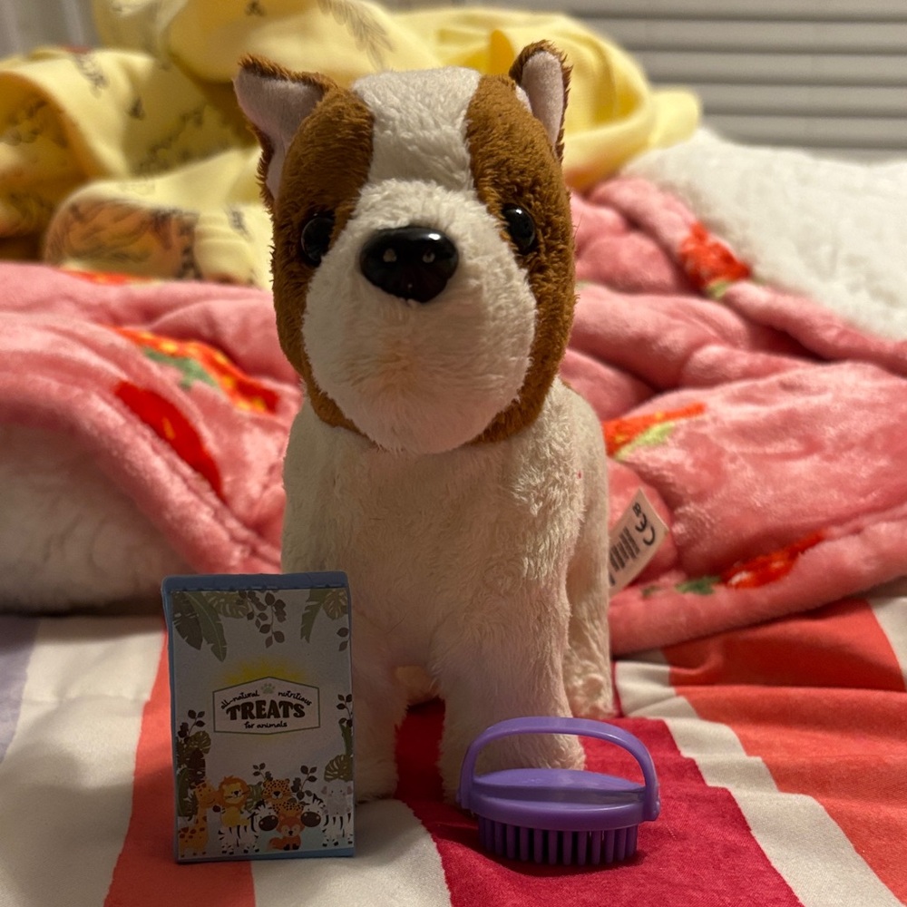 American Girl Plush Dog with Purple Brush and Treat Box